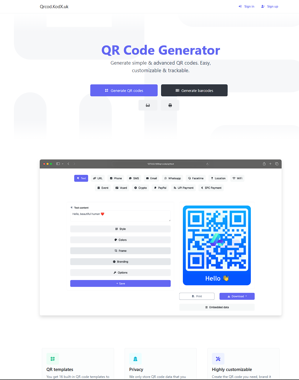 QR code generator - Qrcod.KodX.uk